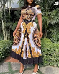 DP1869 Best selling summer casual dresses pleated high waisted african dress plus size dress printed ethnic clothing