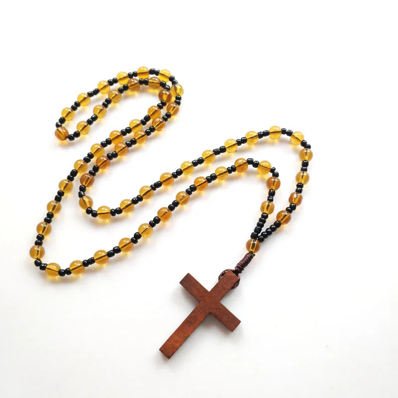 Wholesale Tea Colored Glass Bead Cross Pendant Necklace Multiple Prayer Bead Necklaces For Men And Women