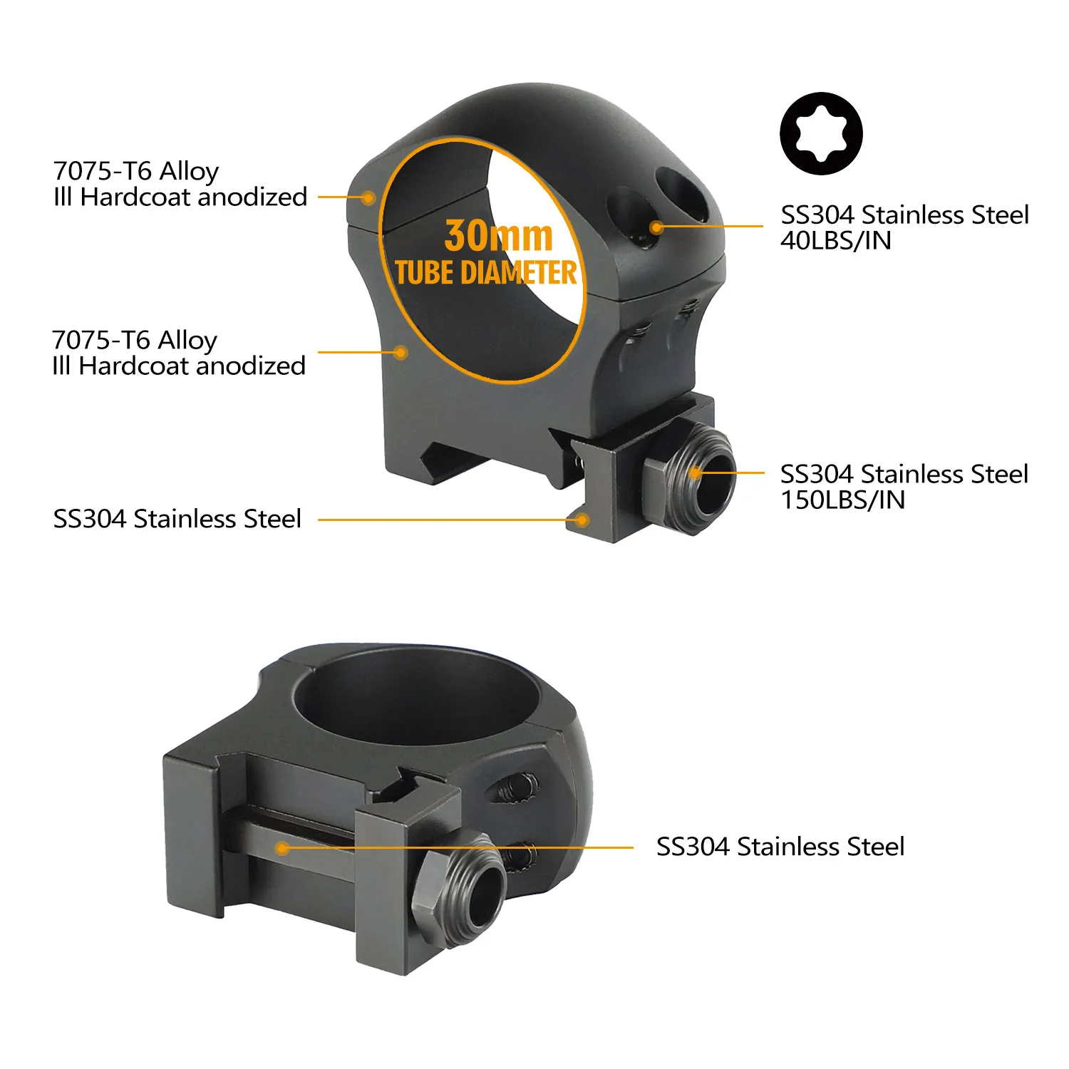 Ohhunt Scope Accessories 7075-T6 Black Hard Coat Anodized 30MM Scope Rings Low Profile Hunting Scope Mounts