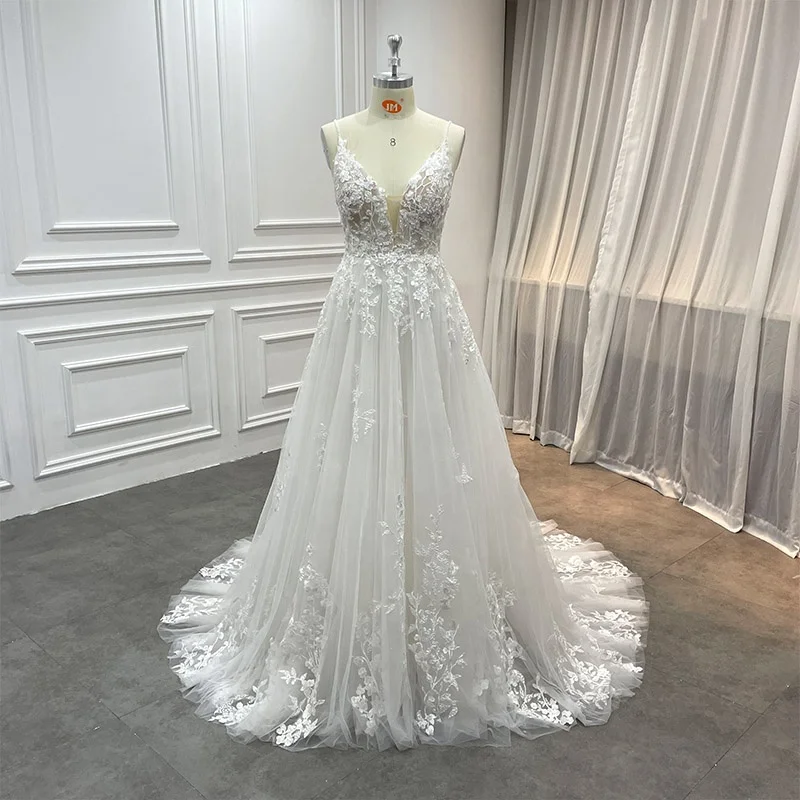 Manufacturer Spaghetti Straps A Line V Neck Full Lace Bridal Beaded Gown Robe De Mariage Women Plunge Neck Tulle Wedding Dresses