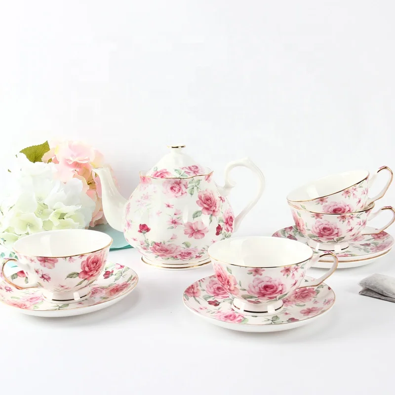 English Style Bonechina Red Rose Design 1000ml Family Coffee Tea Pot and Cup Set