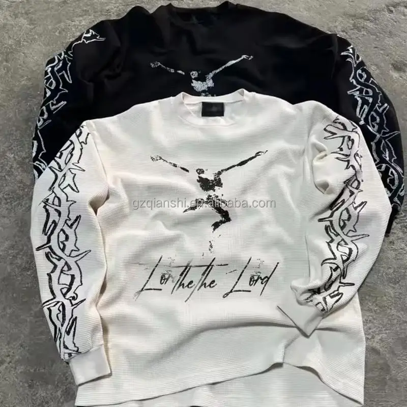 custom dtg screen printing t-shirt graphic cotton thermal long sleeved shirt for men oversize knit waffle long sleeve t shirt