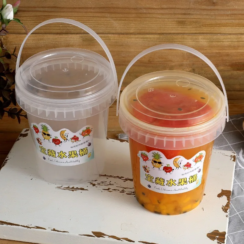 JIMI Wholesale 1000ml 32oz PP Clear White Take Out Food Popcorn Salad Fruit Sushi Package Plastic Juice Bucket With Handle Lid