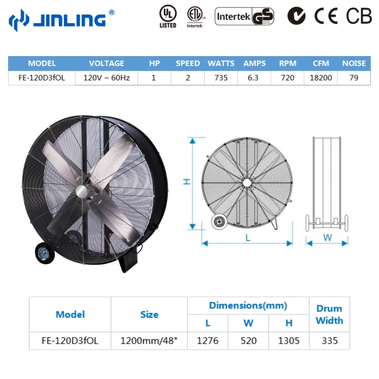 120V 48 inch Big Industrial Drum Fan Heavy Duty Direct Drive Floor Fan Air Cooling Barrel Fan