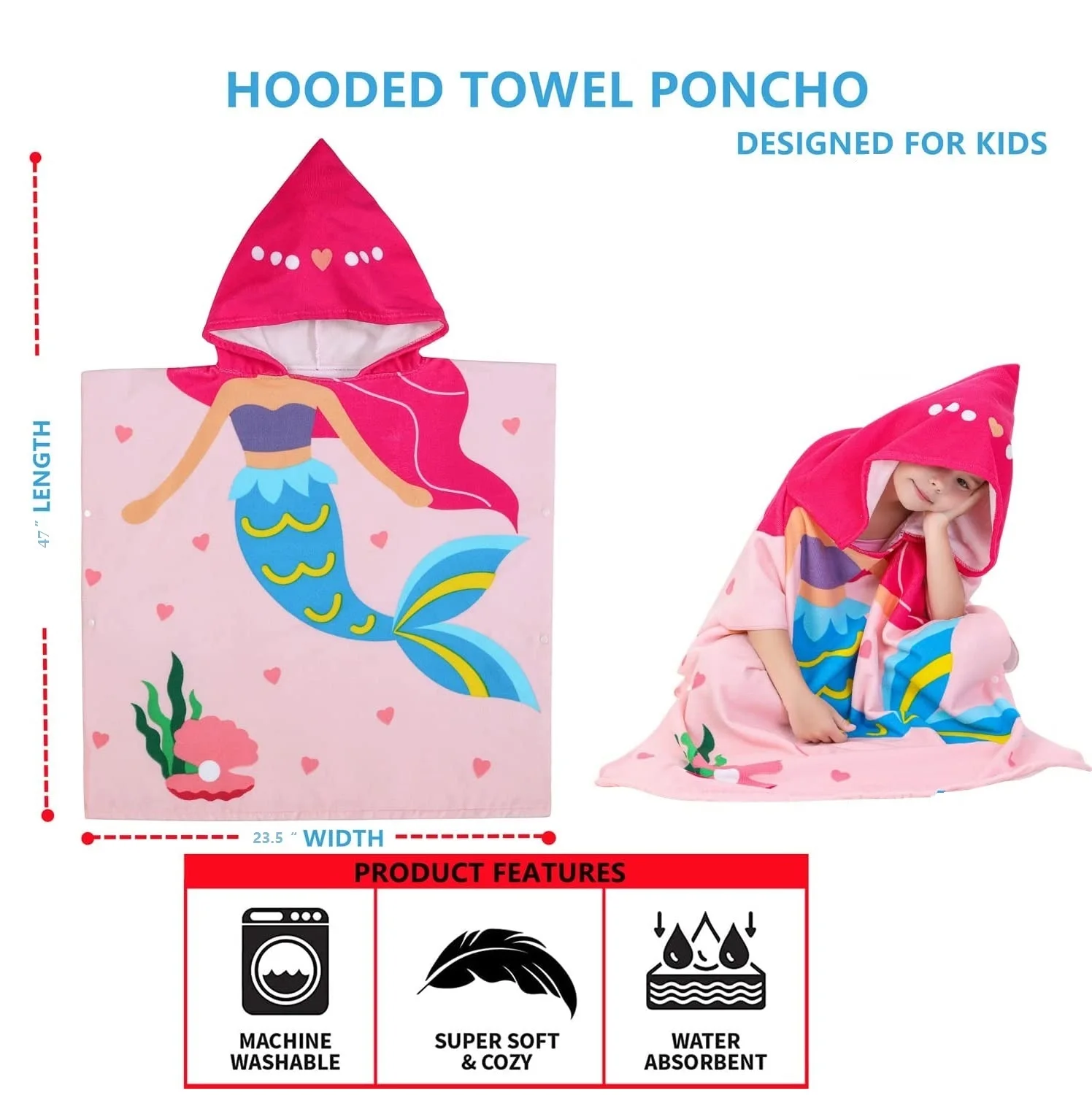 Kids Beach Towel for Boys Girls Mermaid Hooded Bath Towel Wrap Toddler Pool Towel with Hood Kid Hooded Surf Poncho
