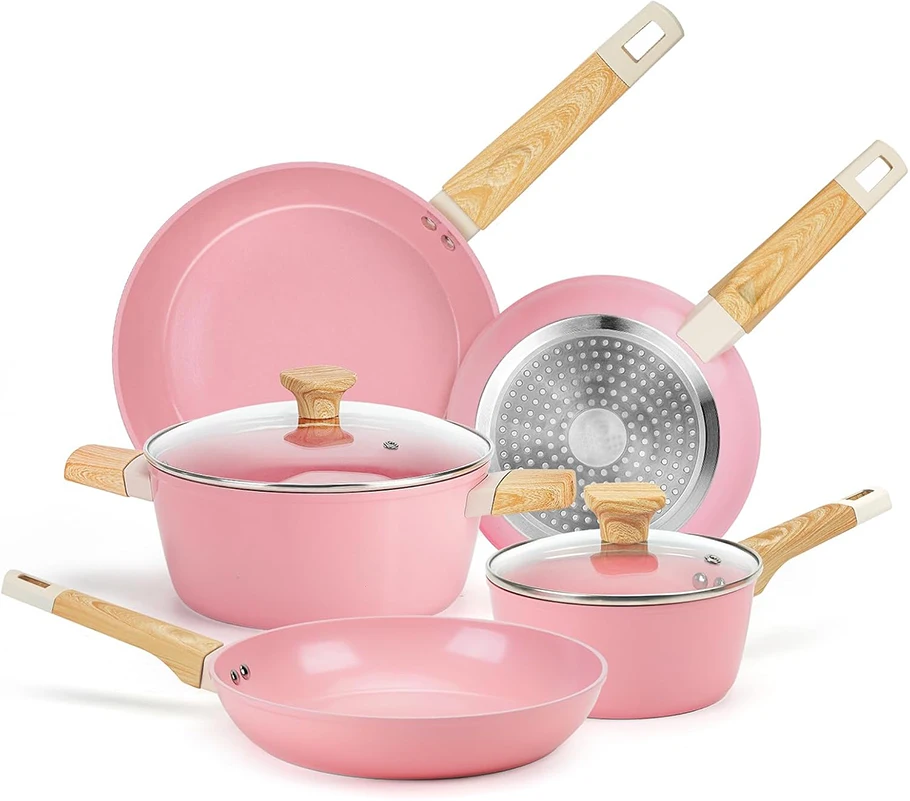 9 Pcs Induction Pink Aluminum Ceramic Non Stick Pan Set Cookware Set Cooking with Glass Lid