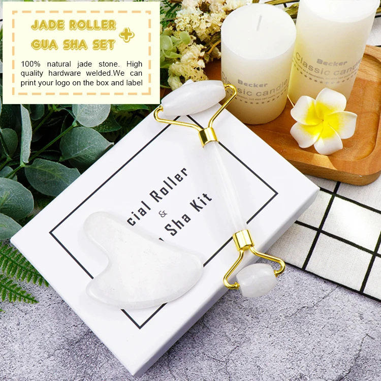 Wholesale Best High Quality Pink Anti Aging Face Massager Rose Quartz Natural Jade Set Facial Gemstone Roller with guasha set