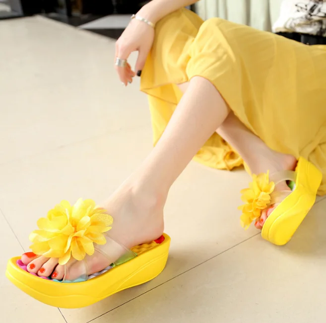 cy30487a Summer thick sole high heel flower slippers for women shoes wholesale stylish home slippers