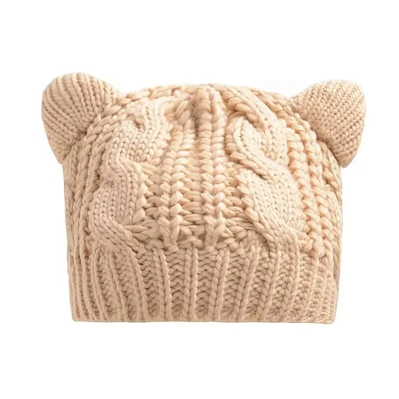 Cat Ear Beanie Hats Cute Cat Knitted Hat Winter Knit Cable Hat for Women Girls
