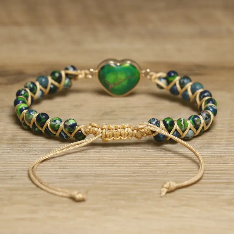Dainty Beaded Bracelet for Women Jewelry Double-layer Handwoven Heart Charm Imperial Jasper Turquoise Stonr Bracelet