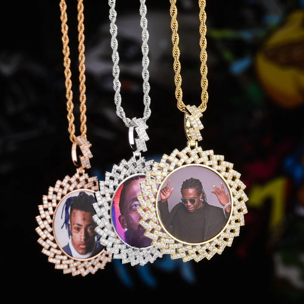 One Custom Photo Frame Round Medallions Gold Silver Cubic Zirconia Hip Hop Jewelry Pictures Charms Image Pendants Bling Jewelry
