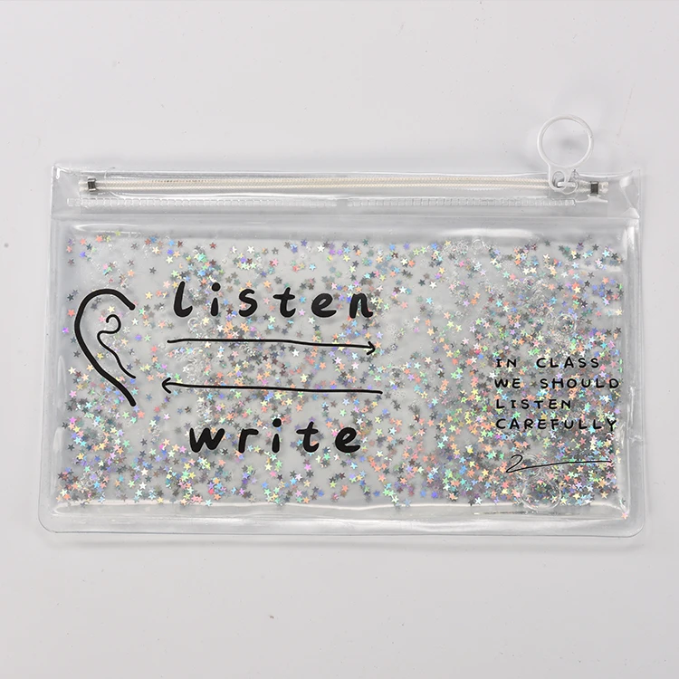 Customized Fashion durable clear pvc stationery bag glitter zipper pencil pouch
