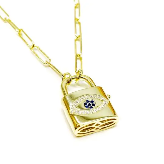 Fashion Silver Gold Plated Evil Eyes Signet Concentric Lock Pendant Paperclip Link Chain Necklace For Women