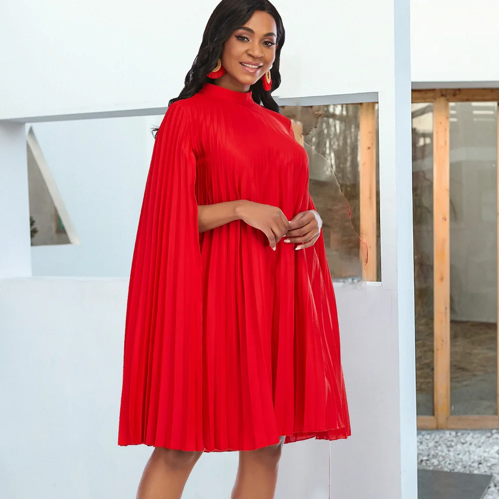 Plus Size Women Loose Casual Dresses Bat Sleeve Fashion Elegant Pleated Dresses Spring Dress 2022