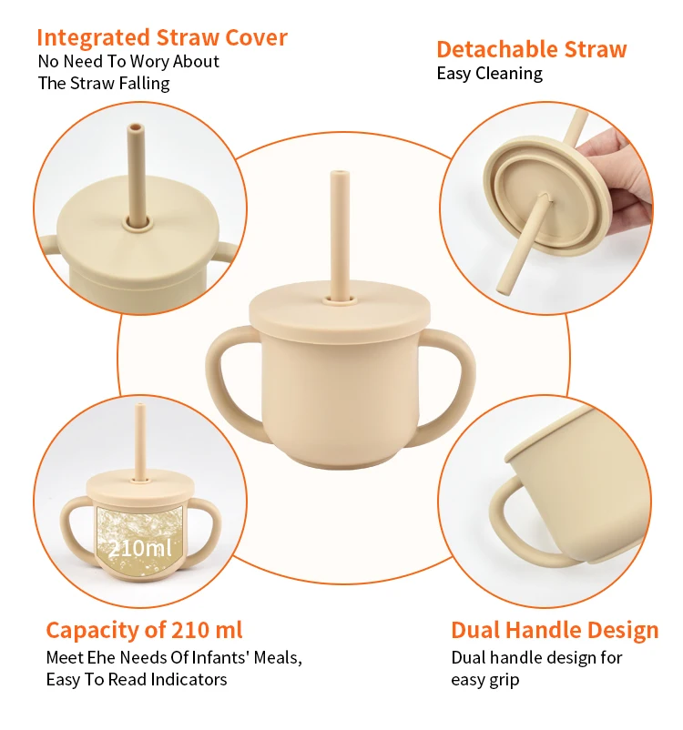 Custom Logo Food Grade Silicone Toddler Cup Bottle Warmer Kid Training Drinking Water Snack Sippy Cup Straw Lids Babies