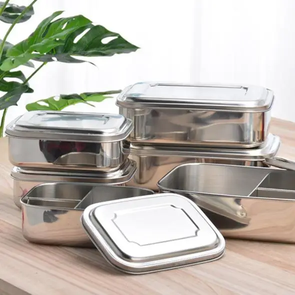 Leak-proof rectangle metal food container 304 stainless steel bento box with divider