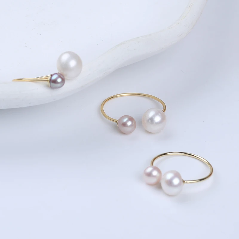 gold plated natural white pink purple color real freshwater adjustable round pearl ring