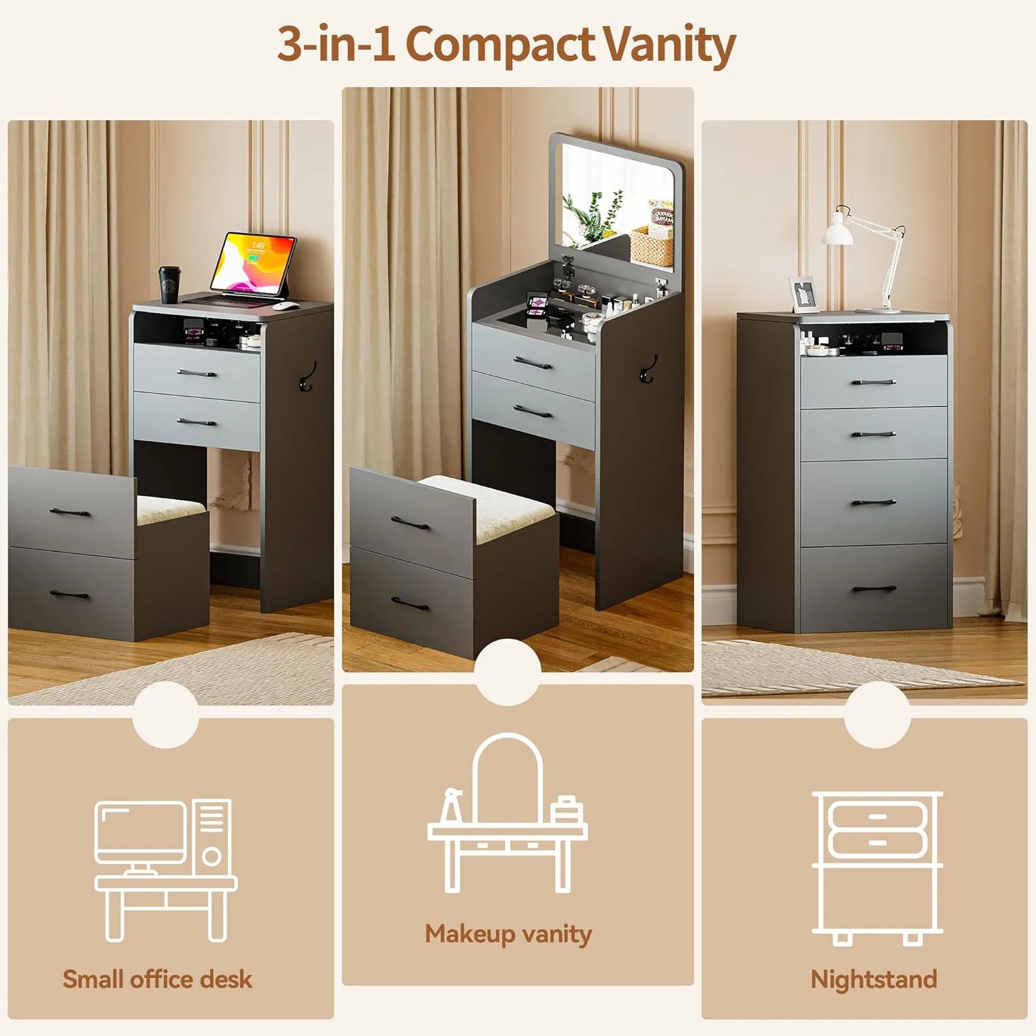 3 in 1 small Vanity Desk with flip Top Mirror Glass Desktop Cushion Tool Dressing Table for Bedroom 3 Drawers