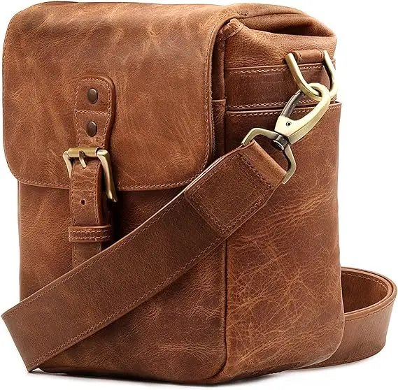 Genuine leather camera messenger bag suitable for non reflective instant and digital SLR cameras