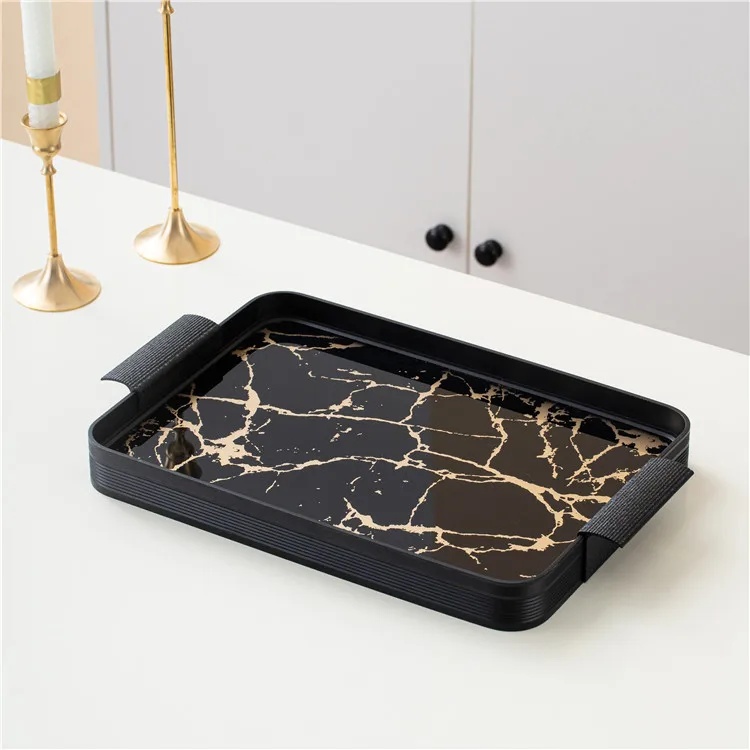 Hotel custom size black glass serving trays home decor rectangular mirror vanity wedding tea marble tray with handle