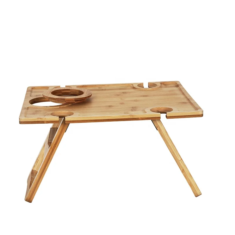 linyi Natural Bamboo Wine Champagne Glass Holder Outdoor Table Wooden Foldable Beach Portable Picnic Table for 4