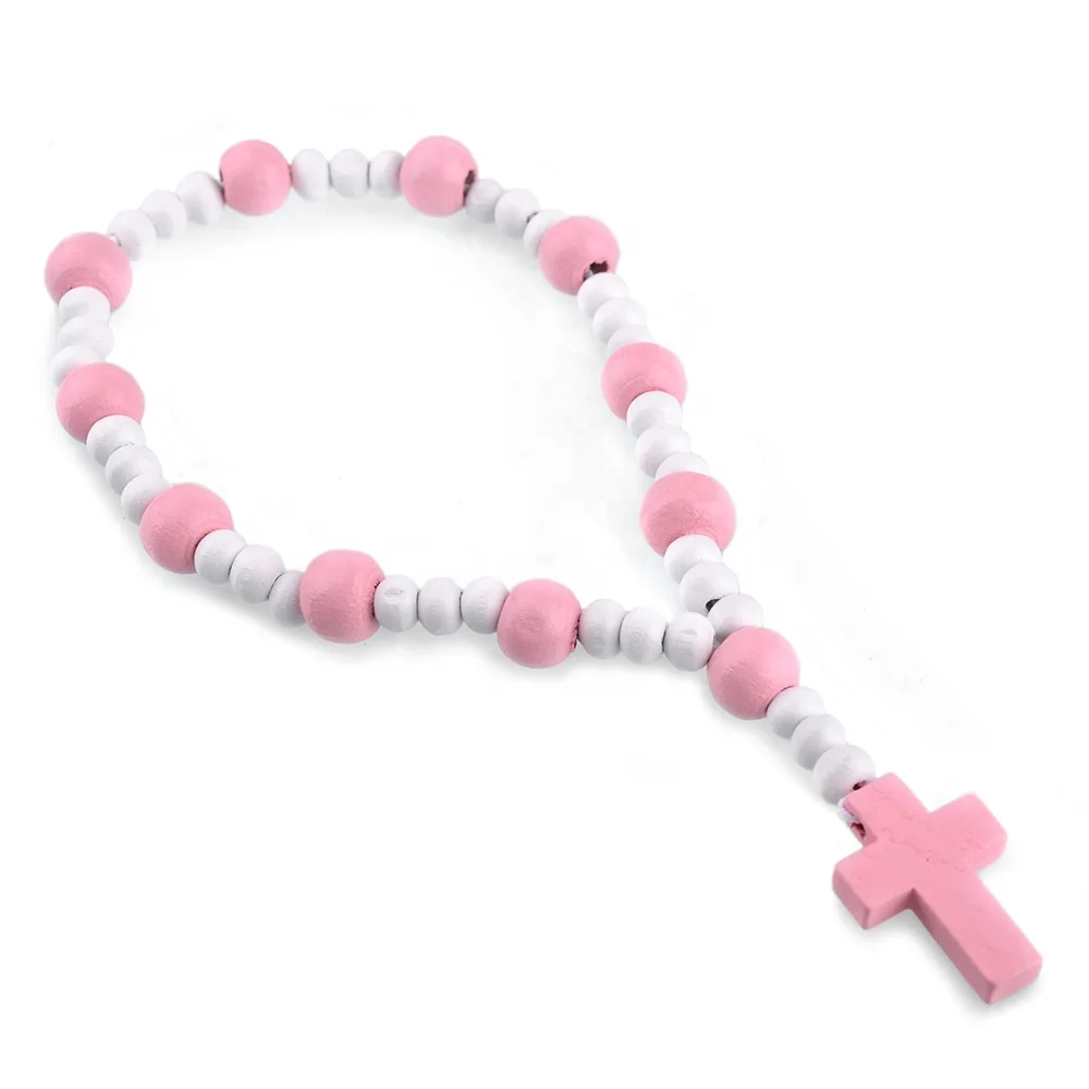 Cheap Catholic Wooden Beads Rosary Necklace Multi-Color Kids Chain for Baptism Wedding and Party Gift Religious Style