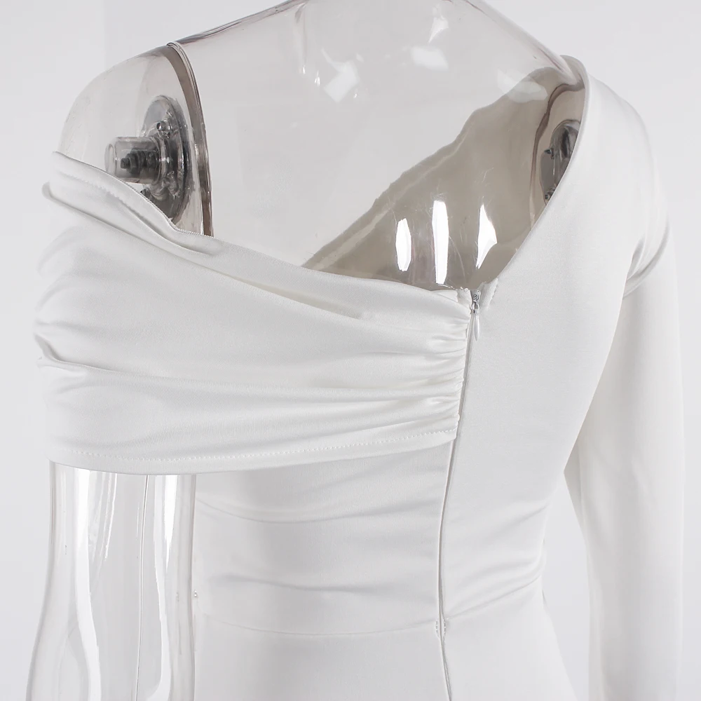 One Sleeve Pleated  Floor Length White Evening Dress Bridesmaids Party Prom Gown With Ribbon for Women