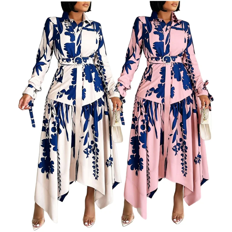 Wholesale Ladies Elegant office Shirt Dress Irregular floral print long-sleeved casual dress with belt