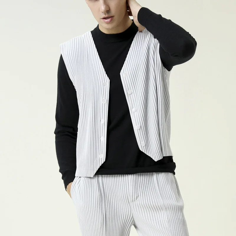 FXZ hot sale high quality single breasted 100% polyester pleated men waistcoat fashion pleated man vest