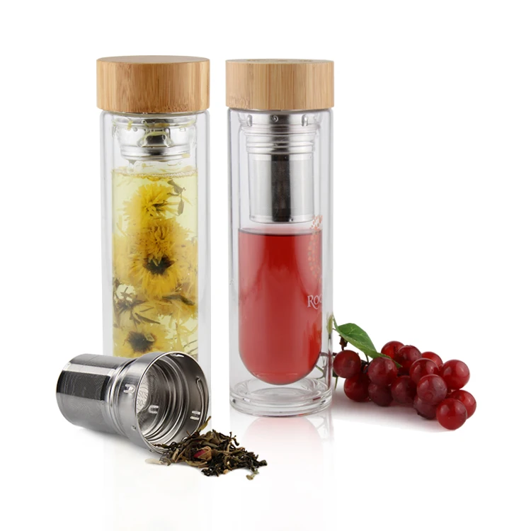 High Quality Double Wall Glass Water Bottle With Tea Infuser, Eco-Friendly BPA Free Glass Tea Cup With Custom Logo, Clean Brush