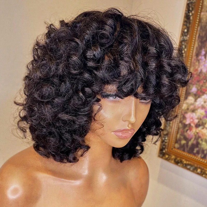 Fumi Human Hair Wig With Bangs Full Machine Made Short Bob Rose Curly Brazilian Water Wave Wigs For Black Women