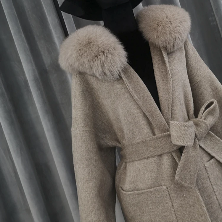 100% Cashmere Coat Women with Belt Real Fox Fur Trim Double Faced Wool Coat