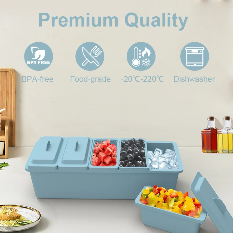 Large Ice Chilled Condiment Caddy Organizer with 5 Removable Compartments Silicone Chilled Condiment Server Tray with lid