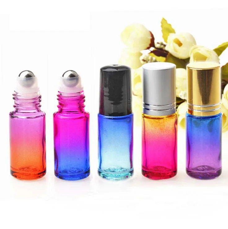 wholesale Essential oil perfume 5ml roller bottle pink gradient colour  roll on bottle/vial/glass vial with gold cap