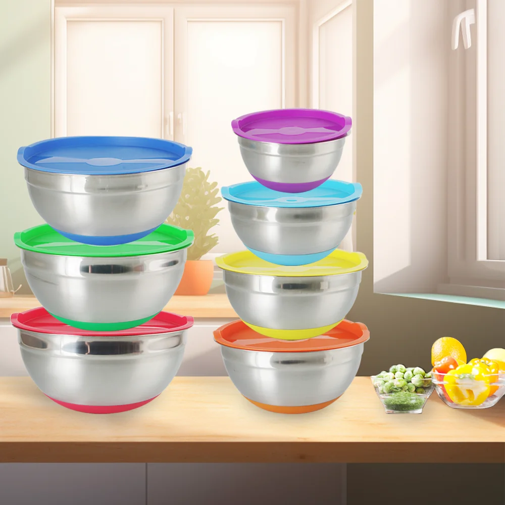 Factory Direct Wholesale  Multi functional  Non-slip Silicone Salad Mixing Bowl with Lid 201 Stainless steel Nesting Salad bowl