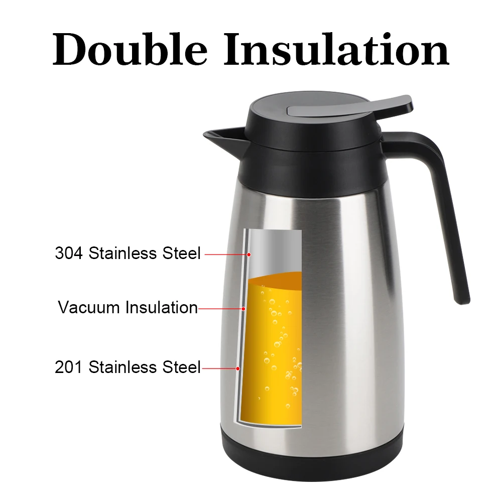 1L 304 Stainless Steel Insulated Thermal Coffee Carafe Portable Vacuum Water Tea Pot with Lid for Hot Beverage Keeping