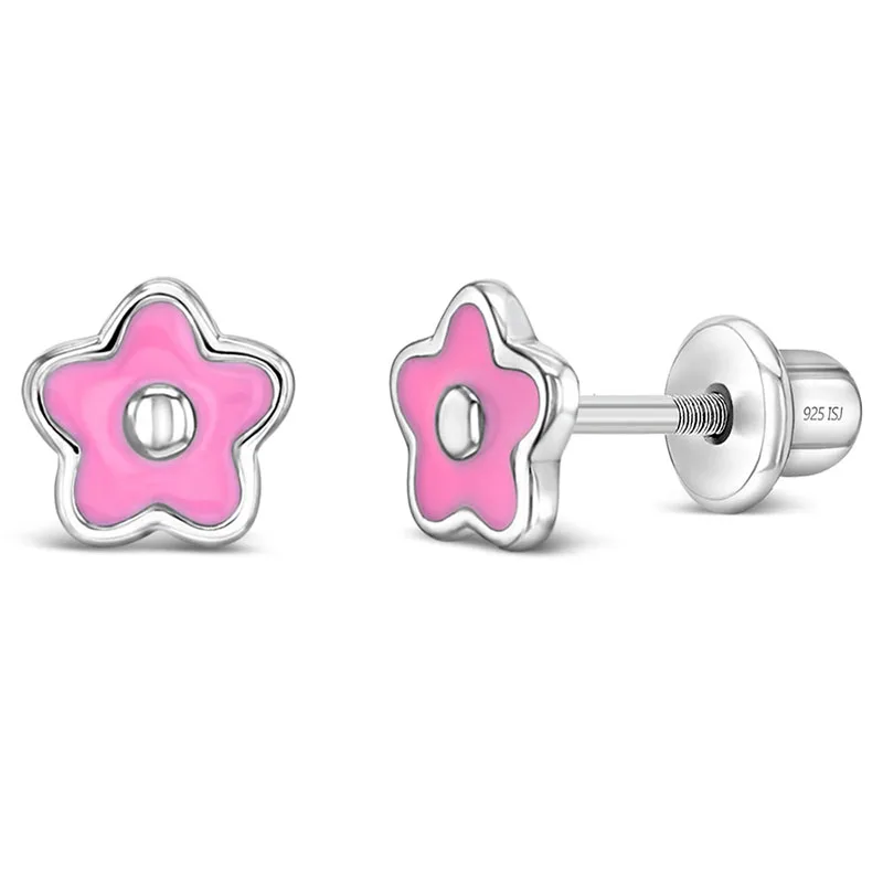 Ouj Summer Trendy Fine Jewelry Girls 6mm Dia Pink Flower Enamel Screw Back 925 Sterling Silver Stud Earrings For Toddlers