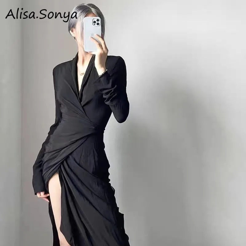 Plus Size V neck Women Maxi dress French Long sleeves Under Knee Length Stylish Wrap dresses