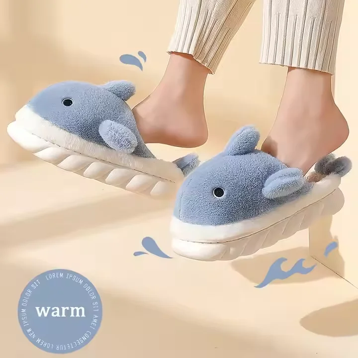 Winter kid woman blue pink cute cartoon soft cozy fluffy warm shark slippers for boy girl
