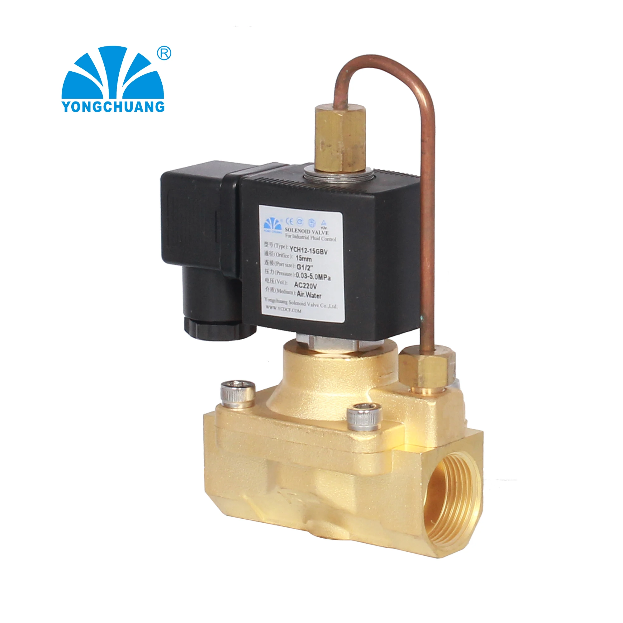 Yongchuang YCH12 Brass high pressure 2 way water high pressure normally open solenoid air valve 12v for blowing machine