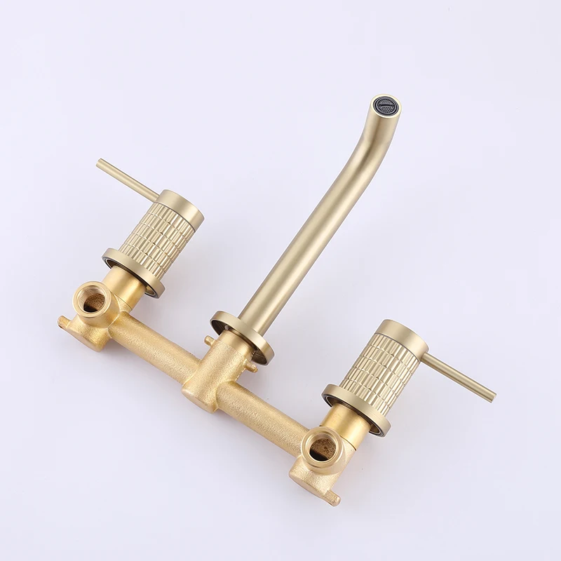 Luxury Bathroom Sink Faucet 3 Holes Brass Brushed Gold Vanity Faucet Knurled Wall Mounted Basin Mixer Faucet