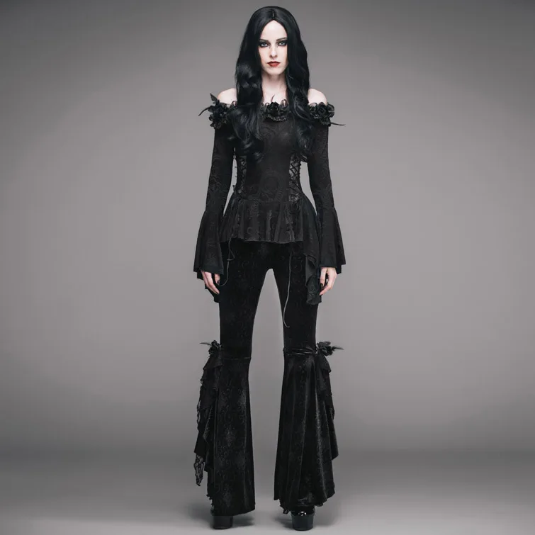 ETT002 Eva lady adjusted ribbons floral pattern flat shoulder flared sleeves sexy women lace up gothic t-shirts with flowers