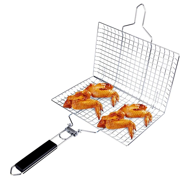 Folding Fish Vegetables Shrimp Wire Mesh Stainless Steel Baking BBQ Grill Basket with wooden handle