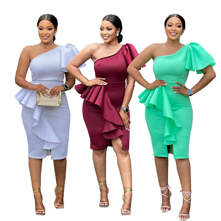 Sexy One Shoulder Party Dresses For Women 2023 Summer Green High Waist Ruffles Peplum Bodycon Midi Pencil Dress African Gowns