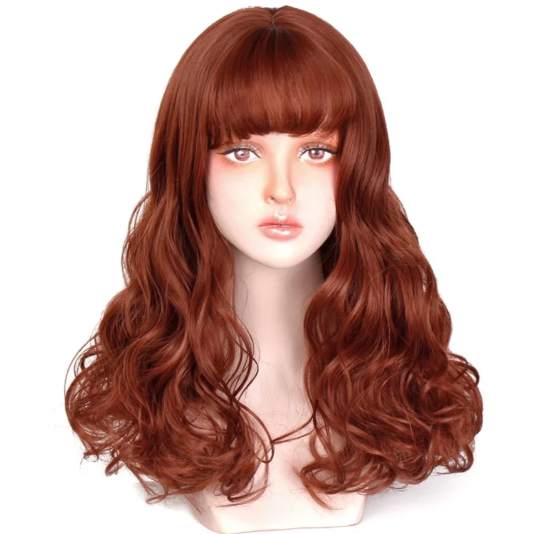 Vigorous Women Girls Ladies Long Curly Synthetic Wigs with Neat Bangs Big Wave Heat Resistant Glueless Wig