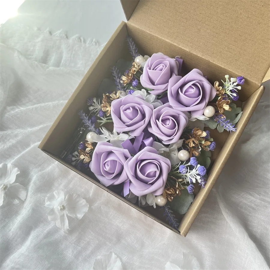 Purple  Boutonniere for Men Wedding with Pins, Set of 6, Groom and Groomsmen Boutonniere for Wedding Ceremony Anniversary