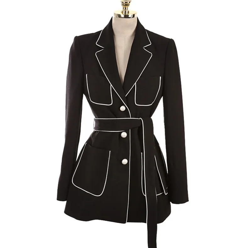 Spring and autumn Korean jacket women lace up black suit pearl button commuter black coat women