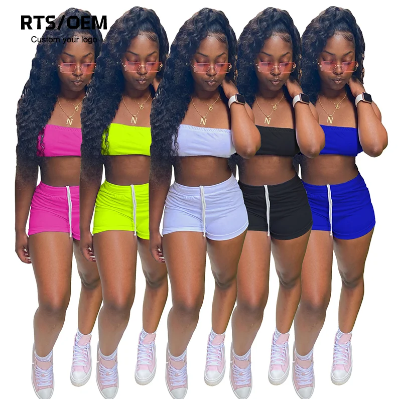 2023 Summer Woman 2 Piece Outfit Fluorescent Tube Top And Short Set Solid Neon Color Jogging Two Piece Set Women Clothing Shorts
