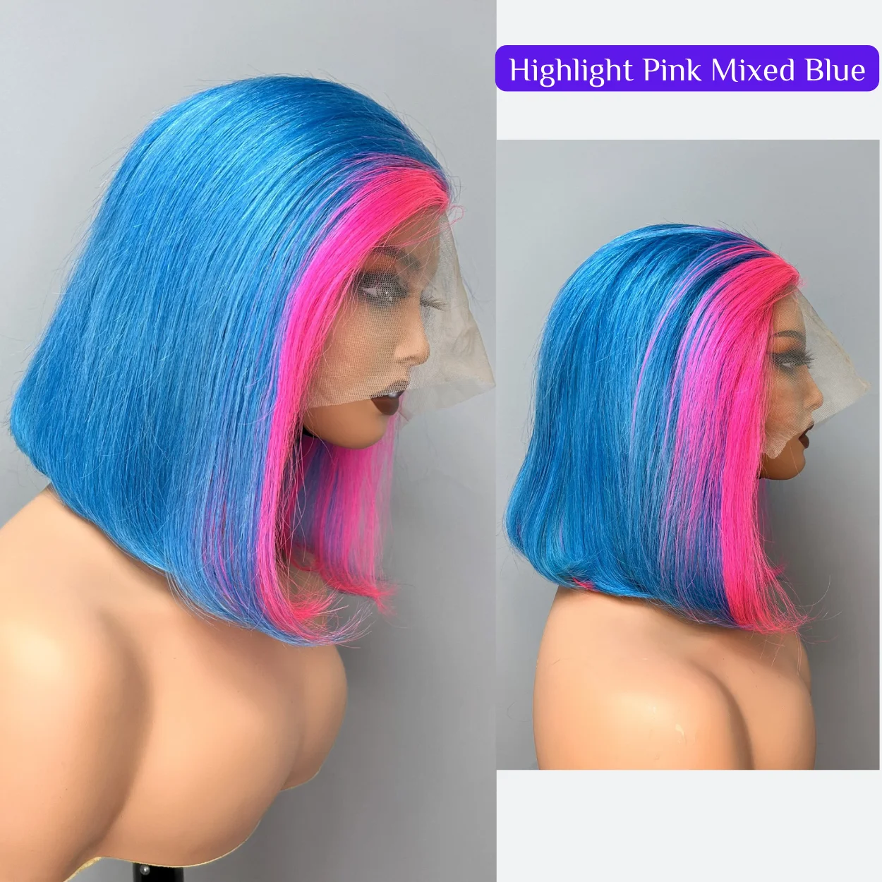Cheap Wig Vendor Royce Hair Customized Wig Highlight Pink Color Mixed Blue Color Double Drawn Bob Wigs Human Hair Lace Front
