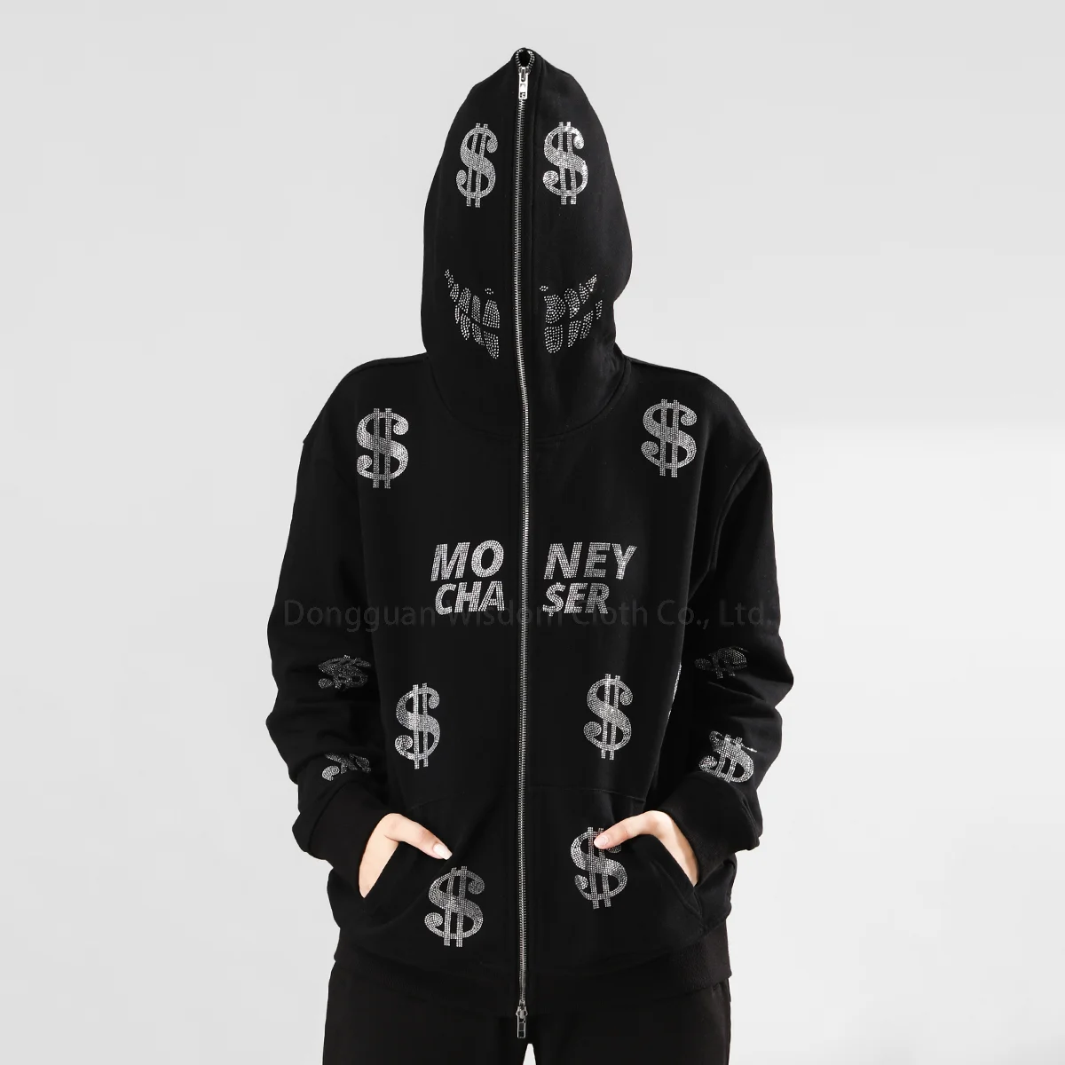 Customizable best quality oversized rhinestone hoodie heavyweight cotton custom design casual full face zip up